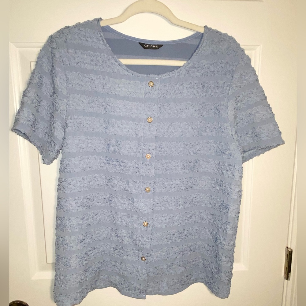 CHICME Baby Blue Textured Button-Front Women's Top